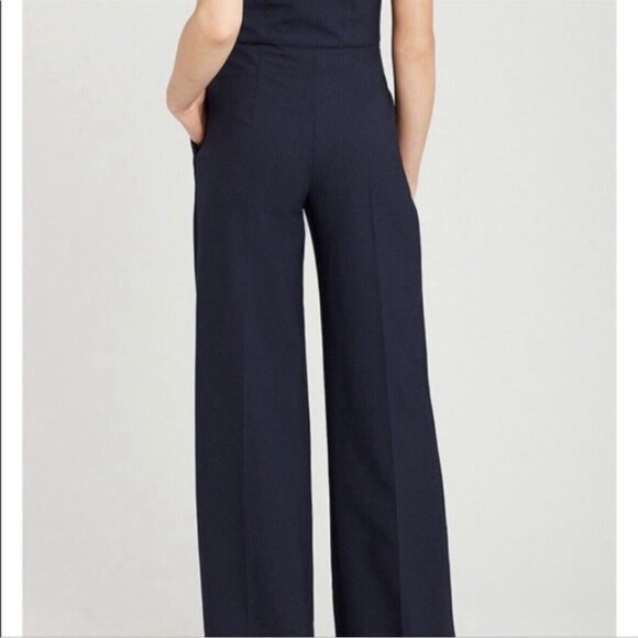 Carlisle NY Garrett Strapless Jumpsuit (Sz 14) Navy Pinstripe Wool Wide Leg FLAW - Picture 8 of 12